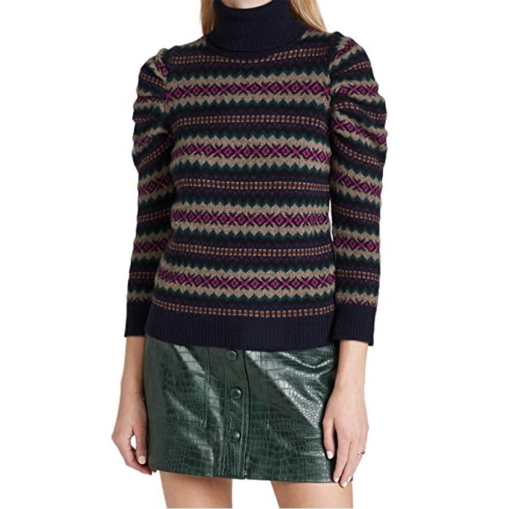 AUTUMN CASHMERE JACQUARD PUFF SLEEVE TURTLENECK -PEACOAT S SWEATER